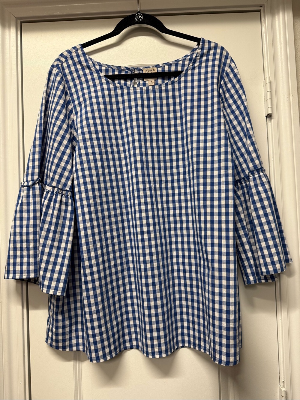Blue & White Gingham Bell Sleeve Blouse – Size 1X – Cottagecore Boho